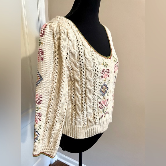 Anthropologie Guinevere Blue Ribbon Cardigan Size M Folksy Needlepoint Cableknit - Picture 4 of 13
